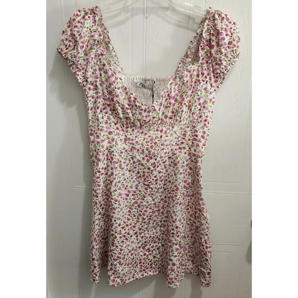 NWT Zara Women's Off The Shoulder Smocked Mini Dress Floral Linen Blend Size M